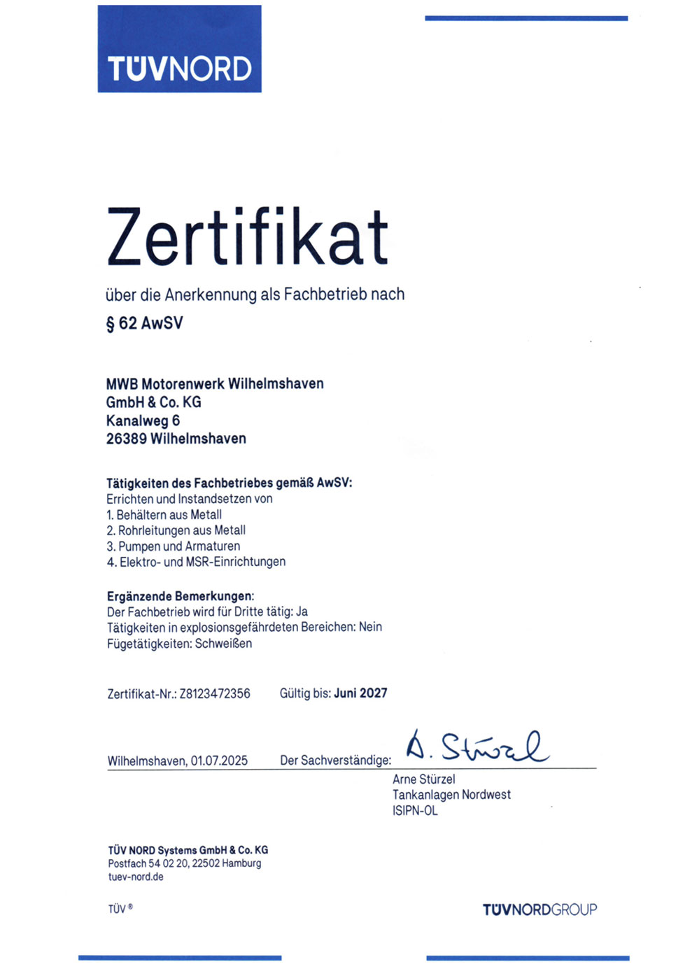 Zertifikat TÜV Nord